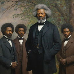 In Claude Monet's style, capture a scene with a 20-year-old Frederick Douglass standing tall as a group of abolitionists gaze at him with respect. The vibrancy and textural richness of the impressionistic reveals the admiration and influence Douglass commands.