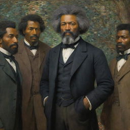 In Claude Monet's style, capture a scene with a 20-year-old Frederick Douglass standing tall as a group of abolitionists gaze at him with respect. The vibrancy and textural richness of the impressionistic reveals the admiration and influence Douglass commands.