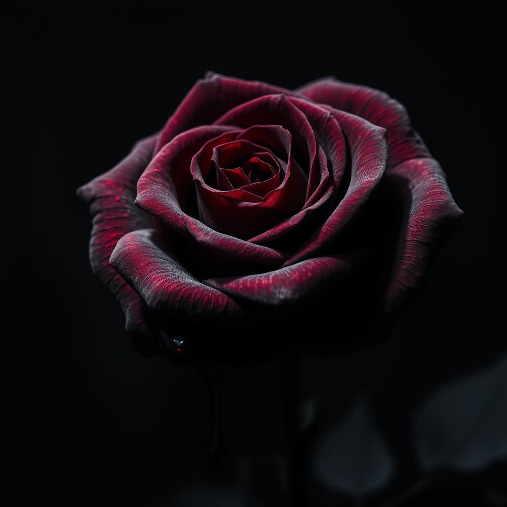 A gothic-style rose, deep black in color, with intricate details on its petals