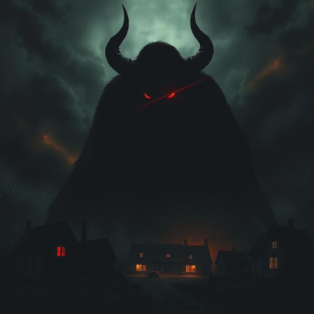 A dark and eerie image featuring a shadowy, menacing figure of the Devil looming over a small village