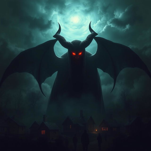 A dark and eerie image featuring a shadowy, menacing figure of the Devil looming over a small village