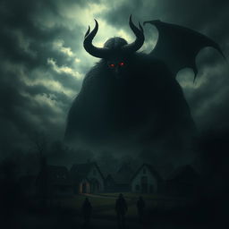 A dark and eerie image featuring a shadowy, menacing figure of the Devil looming over a small village