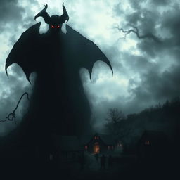 A dark and eerie image featuring a shadowy, menacing figure of the Devil looming over a small village