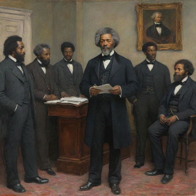 In Claude Monet's style, capture a scene with a 20-year-old Frederick Douglass standing tall as a group of abolitionists gaze at him with respect. The vibrancy and textural richness of the impressionistic reveals the admiration and influence Douglass commands.