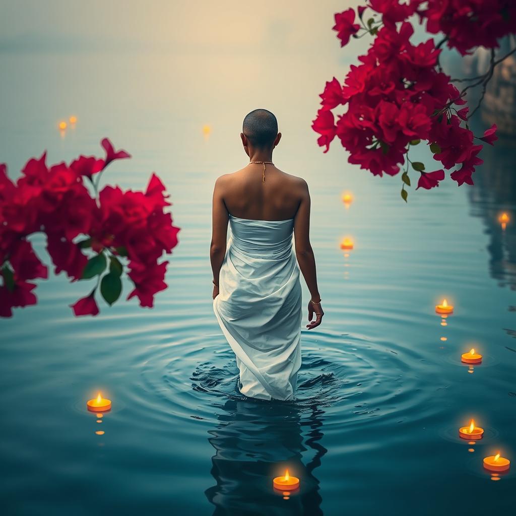 A serene scene at the banks of the Ganges in Varanasi, featuring a woman walking gracefully into the river