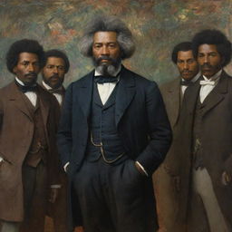 In Claude Monet's style, capture a scene with a 20-year-old Frederick Douglass standing tall as a group of abolitionists gaze at him with respect. The vibrancy and textural richness of the impressionistic reveals the admiration and influence Douglass commands.