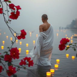 A serene scene at the banks of the Ganges in Varanasi, featuring a woman walking gracefully into the river