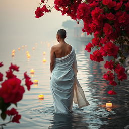 A serene scene at the banks of the Ganges in Varanasi, featuring a woman walking gracefully into the river