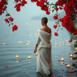 A serene scene at the banks of the Ganges in Varanasi, featuring a woman walking gracefully into the river