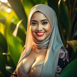 A beautiful Indonesian woman, strikingly attractive with large, exquisite breasts, wearing a stylish hijab