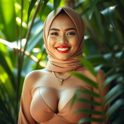 A beautiful Indonesian woman, strikingly attractive with large, exquisite breasts, wearing a stylish hijab