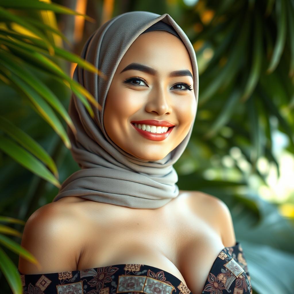 A beautiful Indonesian woman, strikingly attractive with large, exquisite breasts, wearing a stylish hijab