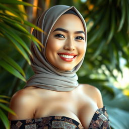 A beautiful Indonesian woman, strikingly attractive with large, exquisite breasts, wearing a stylish hijab