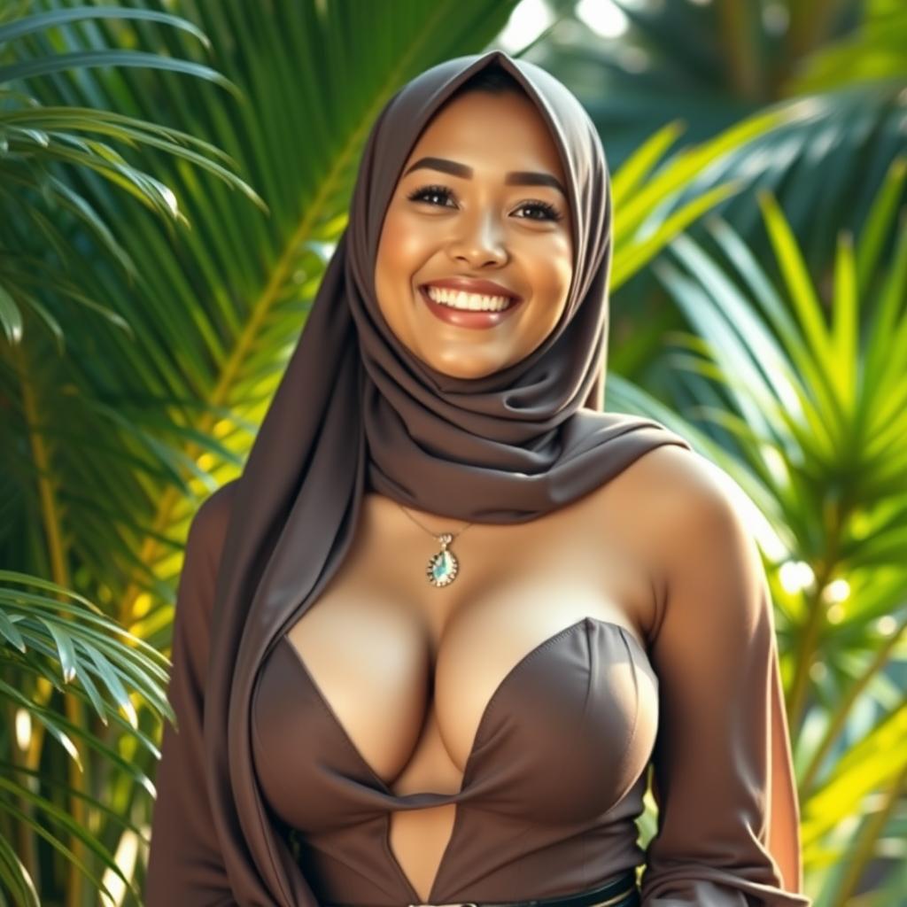 A beautiful Indonesian woman, strikingly attractive with large, exquisite breasts, wearing a stylish hijab