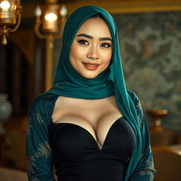 A stunningly beautiful Indonesian hijab-wearing woman, featuring large and lovely breasts, elegantly posed in a tasteful manner