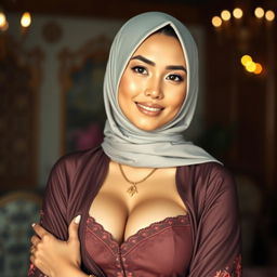 A stunningly beautiful Indonesian hijab-wearing woman, featuring large and lovely breasts, elegantly posed in a tasteful manner