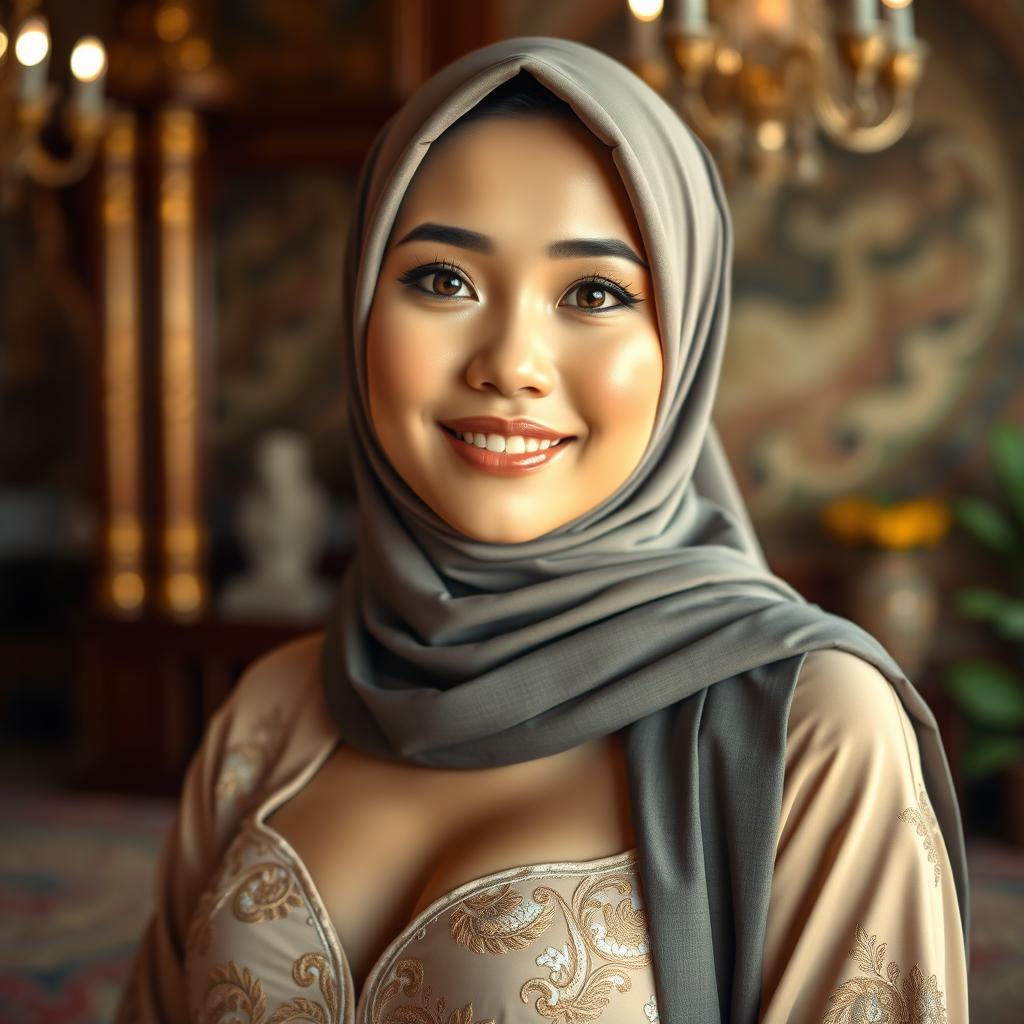 A stunningly beautiful Indonesian hijab-wearing woman, featuring large and lovely breasts, elegantly posed in a tasteful manner