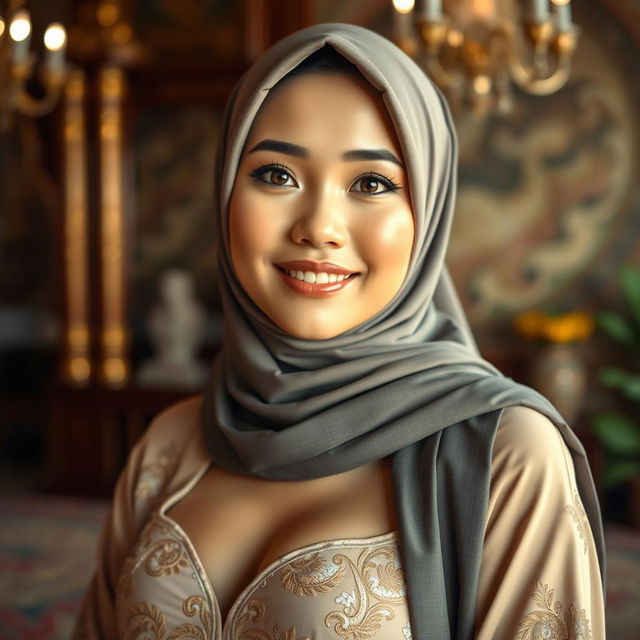 A stunningly beautiful Indonesian hijab-wearing woman, featuring large and lovely breasts, elegantly posed in a tasteful manner