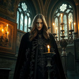 A captivating gothic vampire scene featuring a mysterious, elegant vampire in a dark, ornate Victorian setting