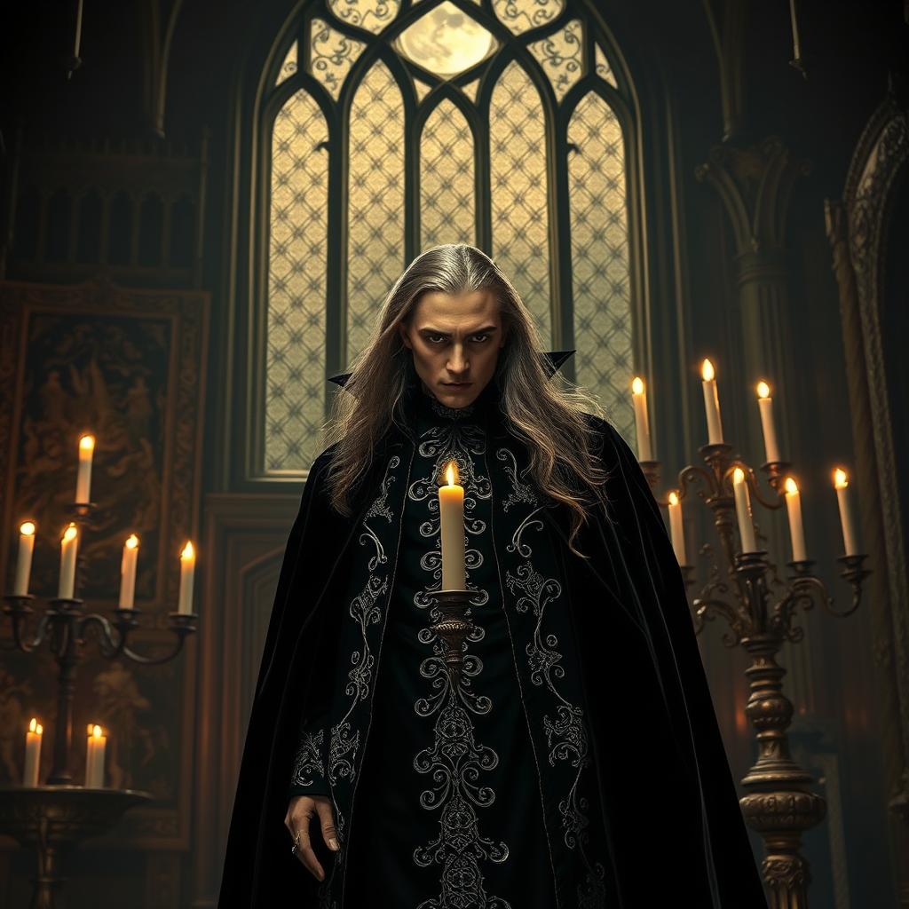 A captivating gothic vampire scene featuring a mysterious, elegant vampire in a dark, ornate Victorian setting