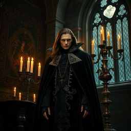 A captivating gothic vampire scene featuring a mysterious, elegant vampire in a dark, ornate Victorian setting