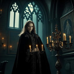 A captivating gothic vampire scene featuring a mysterious, elegant vampire in a dark, ornate Victorian setting