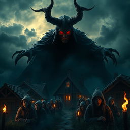 A dramatic and eerie village scene depicting a satanic figure looming over a group of terrified villagers