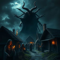 A dramatic and eerie village scene depicting a satanic figure looming over a group of terrified villagers