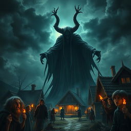 A dramatic and eerie village scene depicting a satanic figure looming over a group of terrified villagers