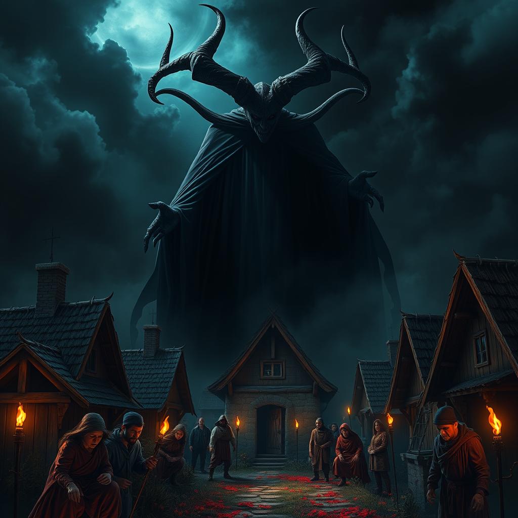 A dramatic and eerie village scene depicting a satanic figure looming over a group of terrified villagers