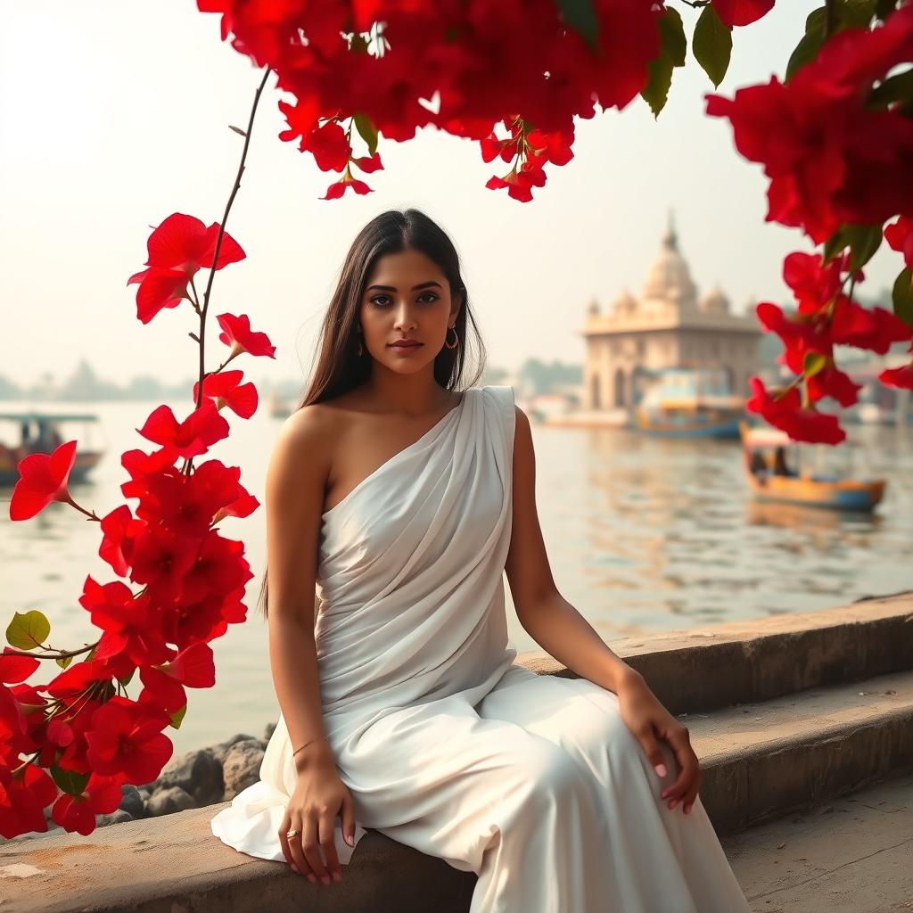 A slender woman sitting by the serene banks of the Ganges River, dressed in a flowing white sari with her shoulders elegantly bare