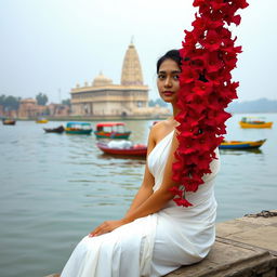 A slender woman sitting by the serene banks of the Ganges River, dressed in a flowing white sari with her shoulders elegantly bare