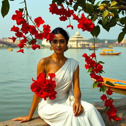 A slender woman sitting by the serene banks of the Ganges River, dressed in a flowing white sari with her shoulders elegantly bare