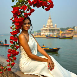 A slender woman sitting by the serene banks of the Ganges River, dressed in a flowing white sari with her shoulders elegantly bare