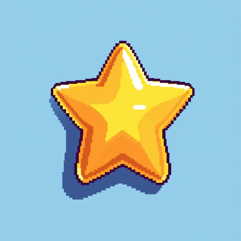 A detailed pixel art depiction of a star-shaped button, designed with a vibrant color palette featuring shades of yellow and gold