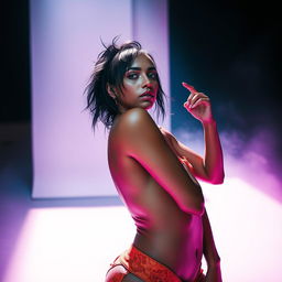 A captivating and artistically rendered image of a woman with a unique and bold aesthetic, posed gracefully in a striking, abstract environment