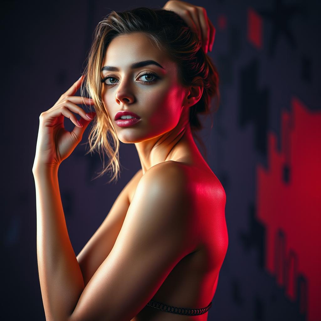 A captivating and artistically rendered image of a woman with a unique and bold aesthetic, posed gracefully in a striking, abstract environment