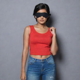 The Indian girl with short hair and a black eyepatch covering one eye, dressed in a vibrant red top and jeans, resembling a modern pirate.