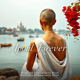 A slender woman's back sitting by the tranquil banks of the Ganges River, with ancient temples and colorful boats floating in the distant foreground