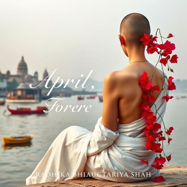 A slender woman's back sitting by the tranquil banks of the Ganges River, with ancient temples and colorful boats floating in the distant foreground