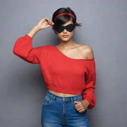 The Indian girl with short hair and a black eyepatch covering one eye, dressed in a vibrant red top and jeans, resembling a modern pirate.