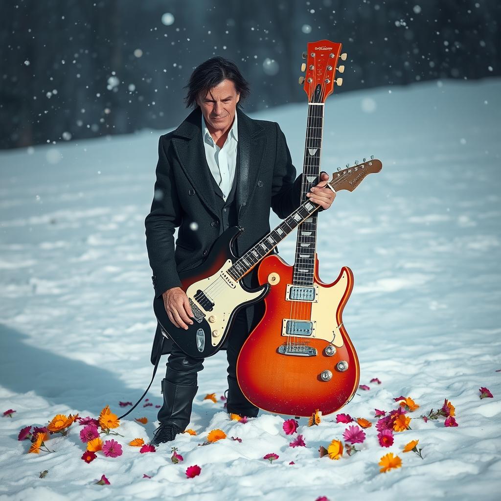 An electric guitar and a villain are standing side by side in a snowy landscape, surrounded by a scattering of colorful flowers