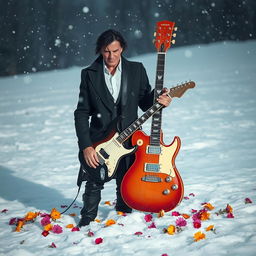 An electric guitar and a villain are standing side by side in a snowy landscape, surrounded by a scattering of colorful flowers