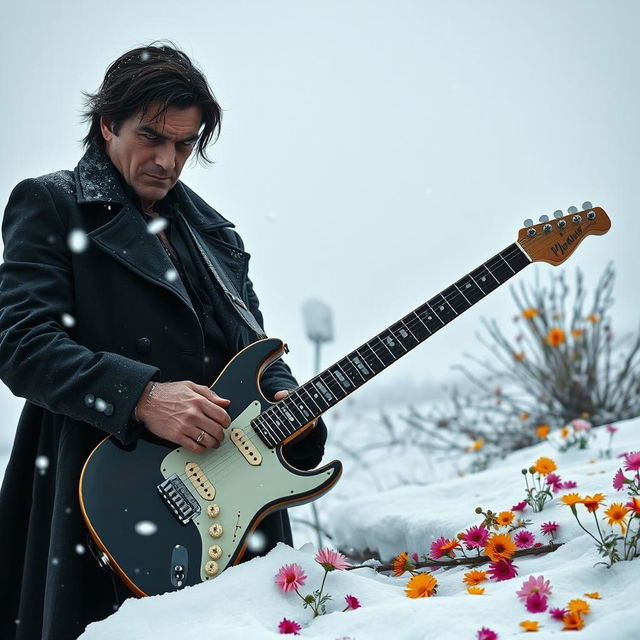 An electric guitar and a villain are standing side by side in a snowy landscape, surrounded by a scattering of colorful flowers