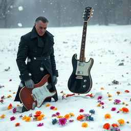 An electric guitar and a villain are standing side by side in a snowy landscape, surrounded by a scattering of colorful flowers