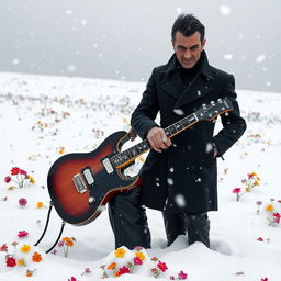 An electric guitar and a villain are standing side by side in a snowy landscape, surrounded by a scattering of colorful flowers