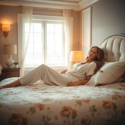 A serene and cozy bedroom scene featuring a beautiful woman lounging gracefully on a plush bed