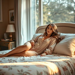 A serene and cozy bedroom scene featuring a beautiful woman lounging gracefully on a plush bed