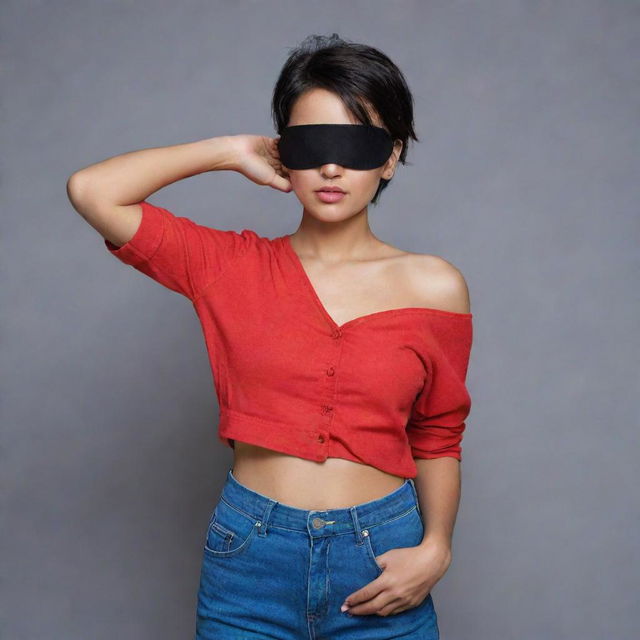 The Indian girl with short hair and a black eyepatch covering one eye, dressed in a vibrant red top and jeans, resembling a modern pirate.