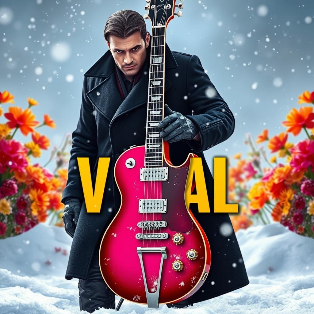 A digital book cover featuring an electric guitar and a villain standing side by side in a snowy landscape, surrounded by colorful flowers